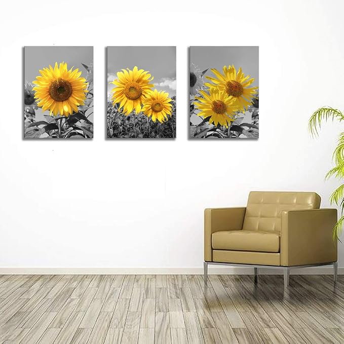 USIXA Sunflower Wall Art for Living Room Black White Flowers Wall Decor Yellow Floral Canvas Prints Painting Wood Frame with Hook Decorative Botanical Blossom Picture Artwork in 3 Panels 12×16 Inches