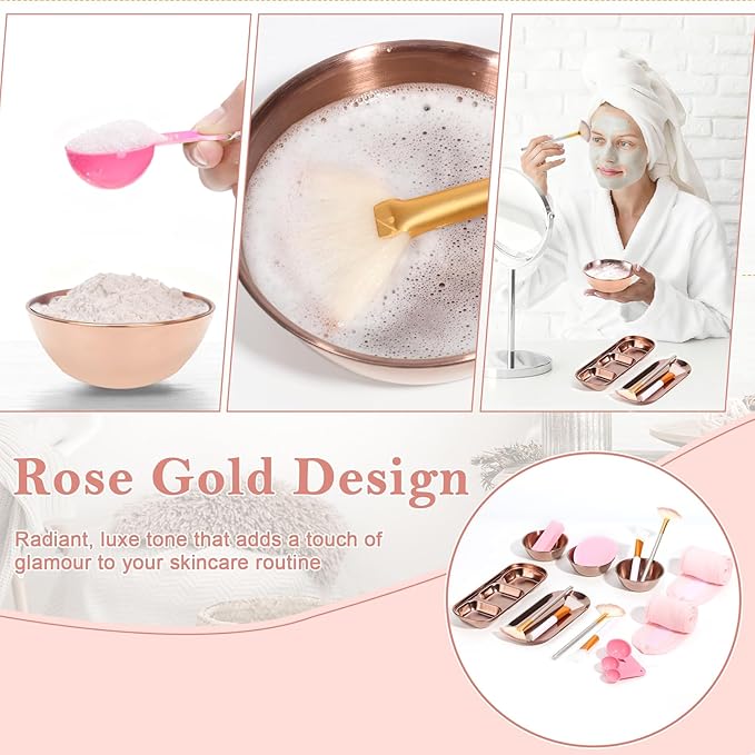 28 Rose Gold Facial Supplies 3 Facial Mask Mixing Bowls 3 Facial Fan Brushes 3 Mask Applicator Brushes 3 Mask Measuring Spoons Skincare Tray 3-Compartment Tray 12 Facial Sponges 2 Spa Headbands
