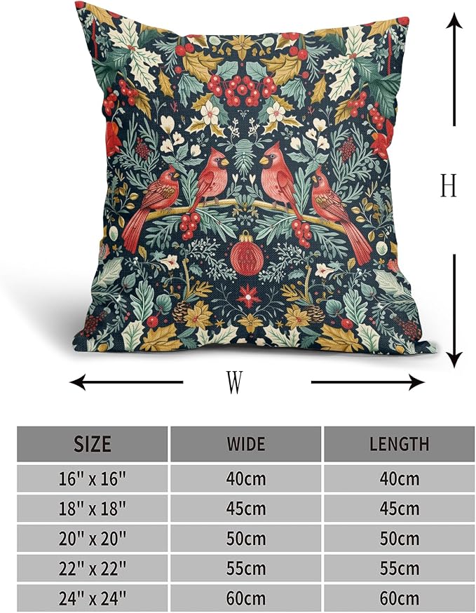 Christmas Pillow Covers 20X20 Inch Cardinal Red Birds Berry Leaves Decorative Pillow Cases Set of 2 Xmas Holiday Throw Pillows Home Decor for Sofa Couch Cushion Outdoor