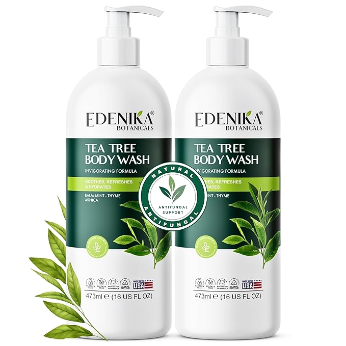 EDENIKA BOTANICALS Tea Tree Body Wash 16 fl oz (2 Pack) Natural Antifungal Support Wash for Athlete’s Foot, Ringworm & Jock Itch, Refreshes & Soothes, Organic Tea Tree Oil, Men & Women
