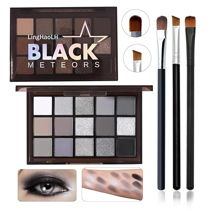 Black Grey Smoky Eyeshadow Palette,15 Colors Matte Shimmer Pigmented Eye Shadow Makeup Palette Set with 3 Eyeshadow Brushes,Glitter Eye Shadow Palette for Daily Halloween Goth Makeup(A)