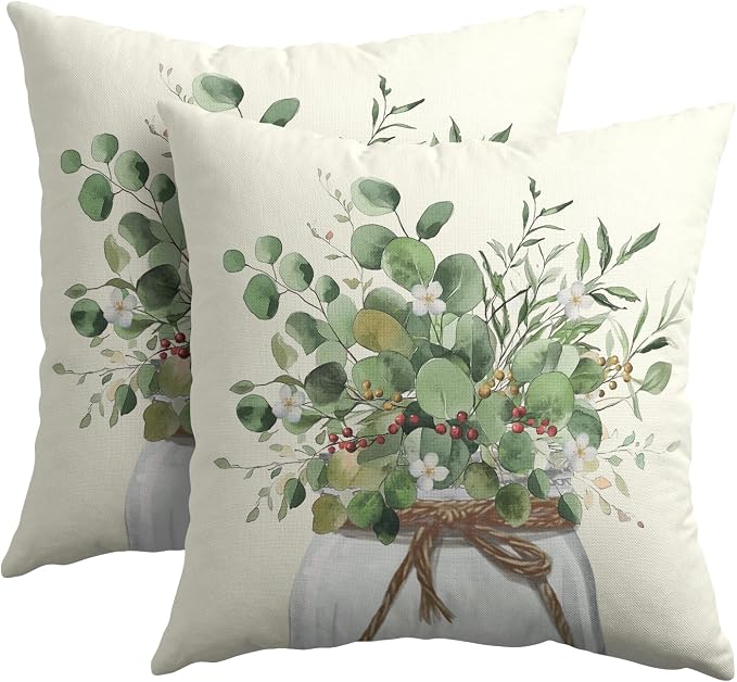 Kawani Eucalyptus Leaves Throw Pillow Covers 22x22 Inch 2Pcs Green Sage Leaf White Flowers Mason Jar Farmhouse Pillowcases Cotton Linen Cushion Cover for Couch Sofa Bed Summer Home Decor