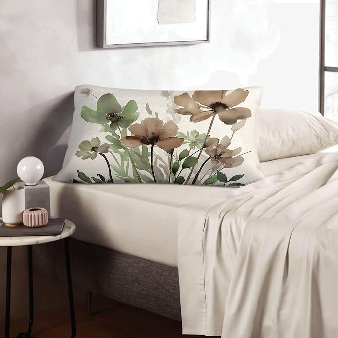 Floral Pillow Covers 12x20 Inches Set of 2 Sage Green Brown Floral Throw Pillow Cover Outdoor Decor Spring Summer Flower Decoration Pillowcase Farmhouse Decorative Cushion Cover For Couch Sofa