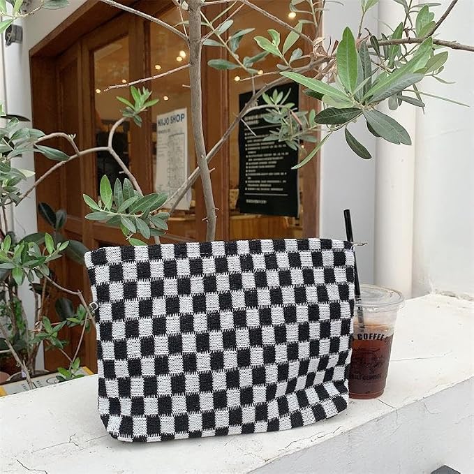 PAZIMIIK Knitted Checkered Makeup Bag Large Zipper Make Up Accessory Pouch for Purse Cosmetic Brush Bag for Travel Essential,Black