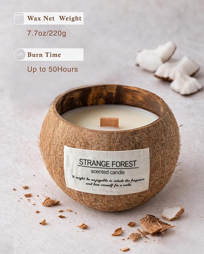 Camellia Coconut Shell Scented Candle for Home, Natural Soy Wax Wooden Wick Candle, Handmade Non Toxic Aromatherapy Candle Gifts for Women, 50 Hour Long Lasting Decorative Candles