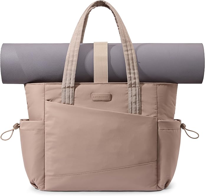 LOVEVOOK Gym Tote Bag for Women, Puffy Yoga Mat Bag with Large Cup Holder & Wet Pocket, Work Nurse Bag for Travel Workout