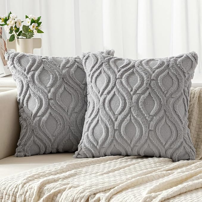 MIULEE Light Grey Soft Plush Faux Wool Throw Pillow Covers 20x20 | Set of 2, Farmhouse Boho Home Decor, Decorative Cushion Covers for Sofa, Living Room, Bed