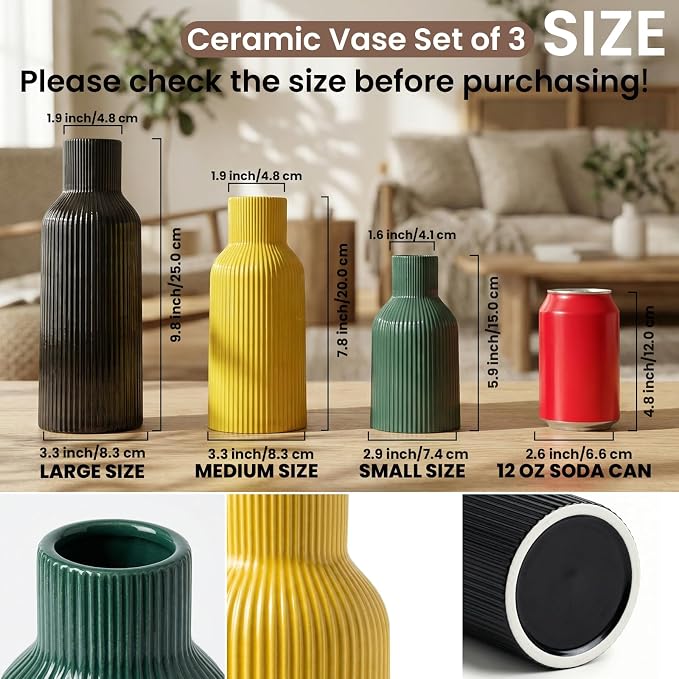 Colorful Ceramic Vases Set of 3,Smooth Vertical Ribbed, Minimalist for Pampas Dried & Fresh Flowers, Centerpiece for Living Room, Shelf, Entryway, Wedding (Black, Deep Green,Yellow)