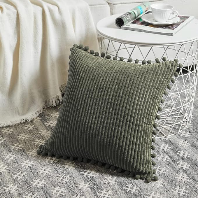Fancy Homi Pack of 2 Olive Green Decorative Throw Pillow Covers 26x16 Inch with Pom-poms for Couch Bed Living Room, Soft Corduroy Solid Square Cushion Case 66x66 cm, Farmhouse Boho Home Décor
