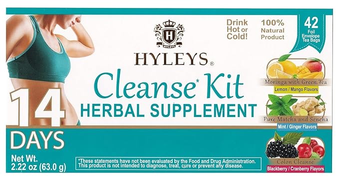 Hyleys Detox Tea for Cleanse and Weight Loss – 14 Day Detox Kit with 42 Tea Bags – Natural Moringa, Matcha, Senna – Supports Colon Cleanse, Digestion, and Metabolism – Mango, Lemon, Ginger, Mint, Blackberry, Cranberry Flavors