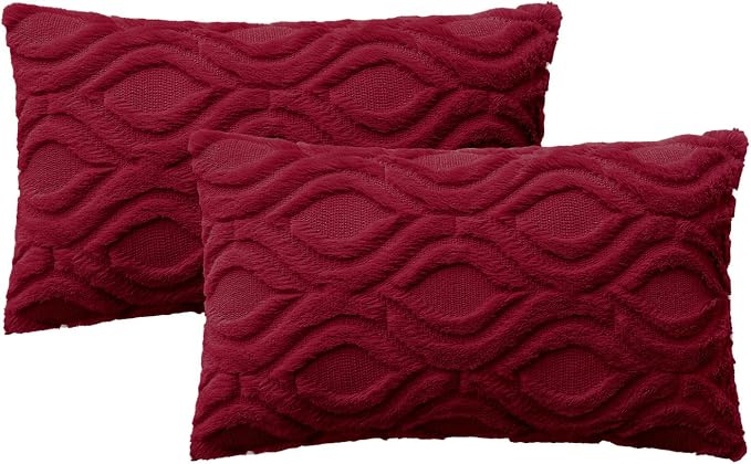 MIULEE Christmas Wine Red Plush Faux Wool Lumbar Throw Pillow Covers 12x20 | Set of 2, Farmhouse Boho Home Decor, Decorative Cushion Covers for Sofa, Living Room, Bed