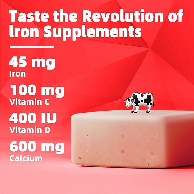 Iron Soft Chew Supplement with Vitamin C | Strawberry Flavored | Gluten Free | Iron Supplement for Women Men and Kids | 60 Count | 2 Month Supply