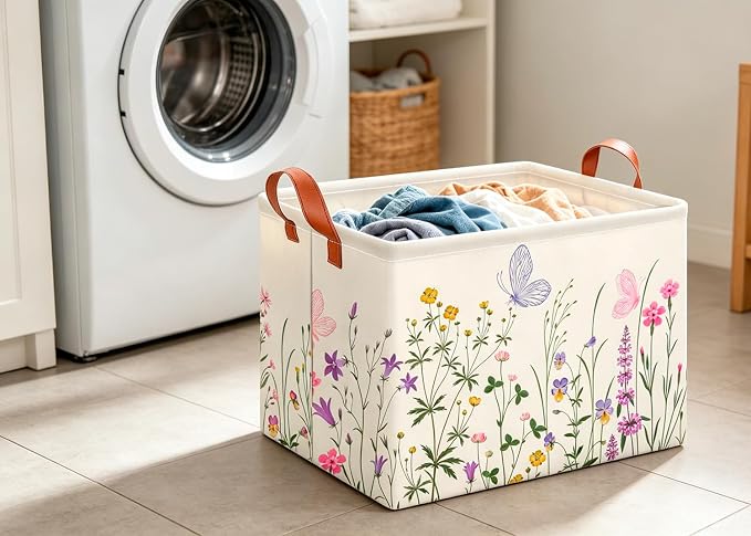 CLOCOR Rectangular Storage Basket Empty,Gift Basket,Waterproof Storage Bin with Handles,Room Decor(Flower)