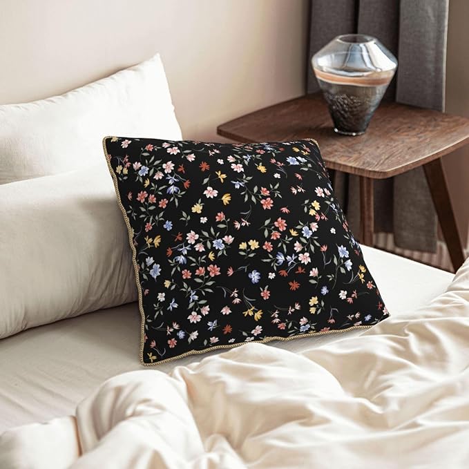 Black Floral Velvet Pillow Covers 18x18 Inch Vintage Colorful Wildflower Throw Pillows For Couch Farmhouse Cushion Covers Pillowcase Spring Summer Plant Pillow Cases For Sofa Bed Outdoor Decor