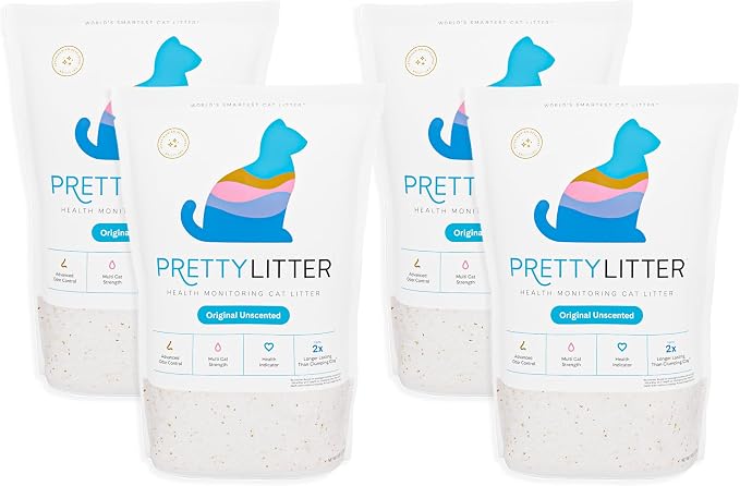 PrettyLitter Health Monitoring Cat Litter, Unscented, 4-Pack, 6 lb. Bags | Up to 4 Months Supply, Non-Clumping, Advanced Odor Control, Automatic Litter Box Compatible, Color Changing Silica Crystals