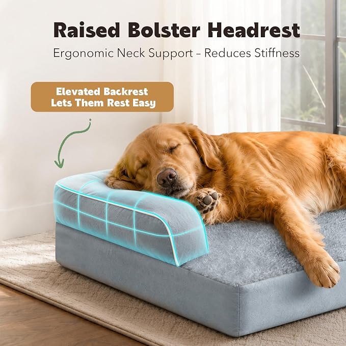 Orthopedic XL Dog Bed with Bolster for Extra Large Size Dogs | Pillow Support for Neck Relief, Egg Crate Foam, Skin-Friendly Surface, Waterproof Liner, Anti-Slip Bottom, 42 x 30 Inch