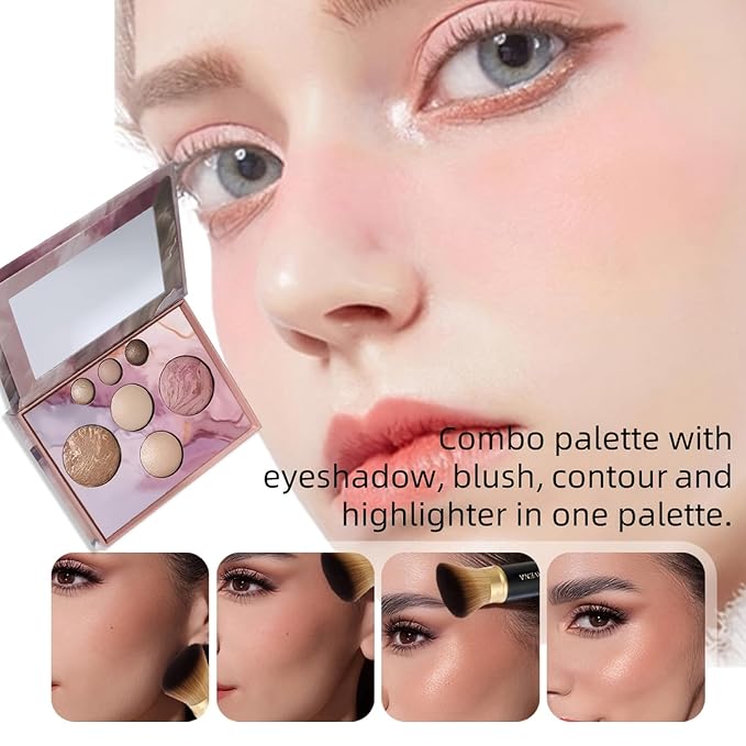 K'APEINE All in One Baked Makeup Palette, Dark Brown Eyeshadow, Blush Highlighter & Bronzer Face Kit Neutral Baked Powder Palette Hign Pigment Full Face Makeup Set Women (7colors)
