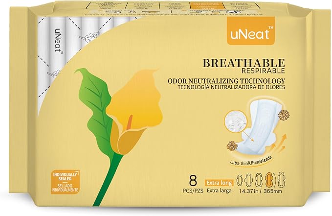 uNeat Ultra Thin Breathable Feminine Pads with Wings for Women, Odor-Neutralizing Tech, Unscented, Heavy Absorbency, Overnight Pads (Extra Long, 8 Count)