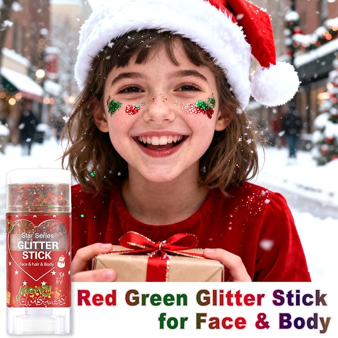 Red Green and White Body Glitter Stick, Christmas Hair Glitter for Kids,Xmas Party Festivel Accessories Outfits for Women Face Glitters Makeup, Long Lasting Chunky Sequins Gel for Christmas (Red)