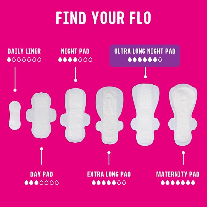 Flo - Ultra Long Night Menstrual Pads (10 Pack) - Organic Bamboo Period Pads for Women - Ultra Heavy Flow - 3D Leak Barrier - Absorbent, Soft, & Breathable - Plant Based – Vegan, Cruelty Free
