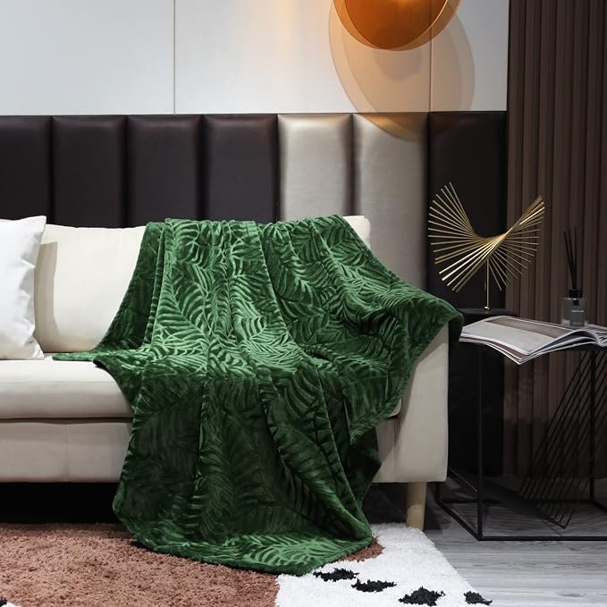 Super Soft Flannel Fleece Throw Blanket, 50 x 60 Inches, Olive Green | Lightweight Cozy Warm Leaves Textured Plush Blanket for Bed Couch Sofa