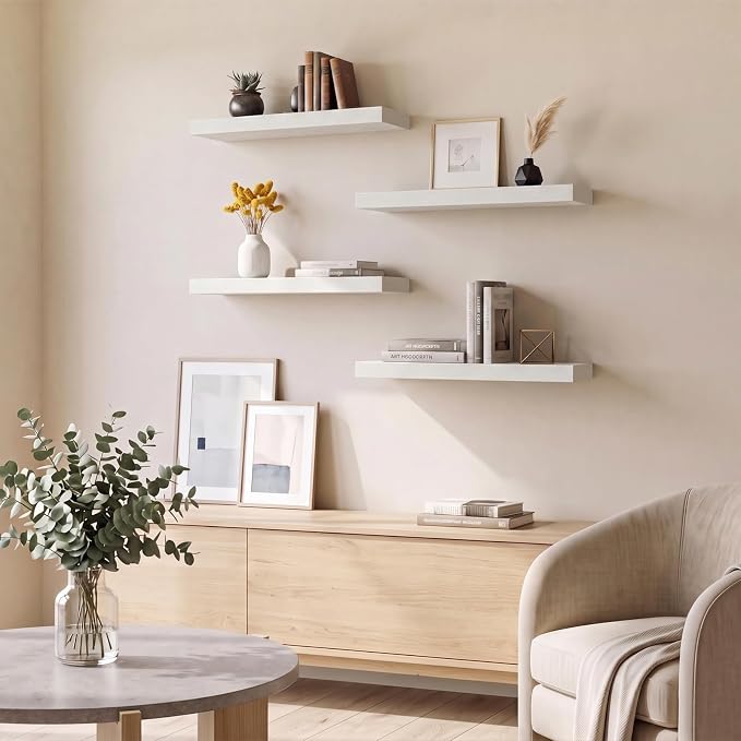 Fixwal Floating Shelves for Wall Decor (White, Set of 4, 15.7 Inch) | MDF Shelves with Metal Brackets, Space Saving for Books, Decor, Works in Bathroom, Kitchen, Living Room, Bedroom