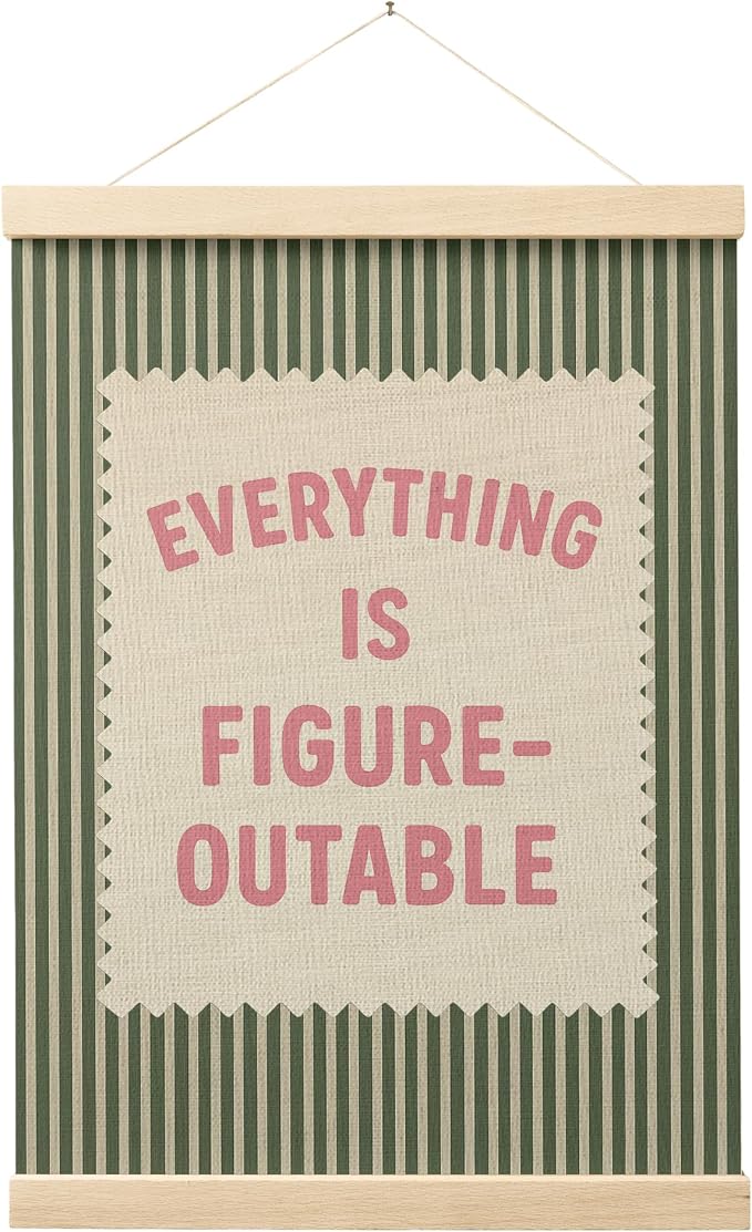 FGFK Everything Is Figureoutable Inspirational Wall Art Poster Hanger Frame, Retro Pink and Green Positive Affirmations Canvas Prints Framed Wall Decor for Home Classroom Office, 12x16 Inch