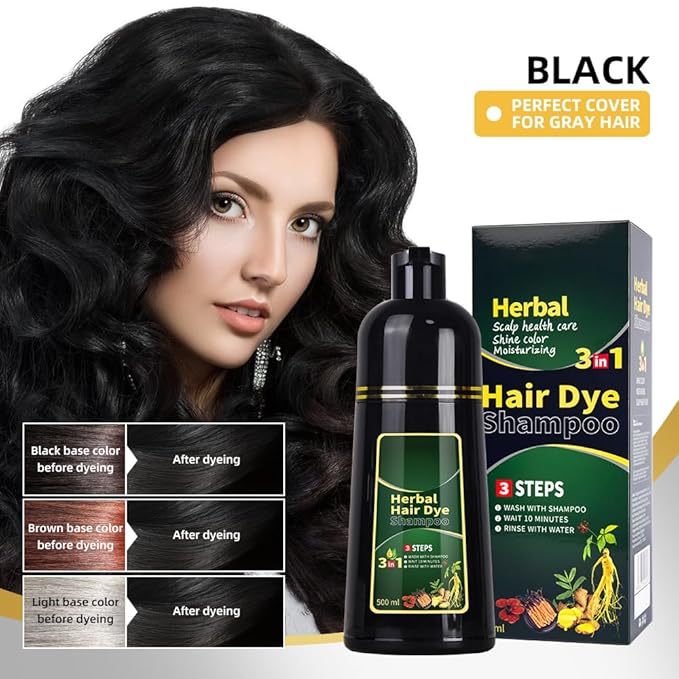 HUDABABY Black Hair Dye Shampoo 3 in 1 Herbal Natural Dye Cover Gray, for Women/Men Hair Color for Grey Coverage (Black)