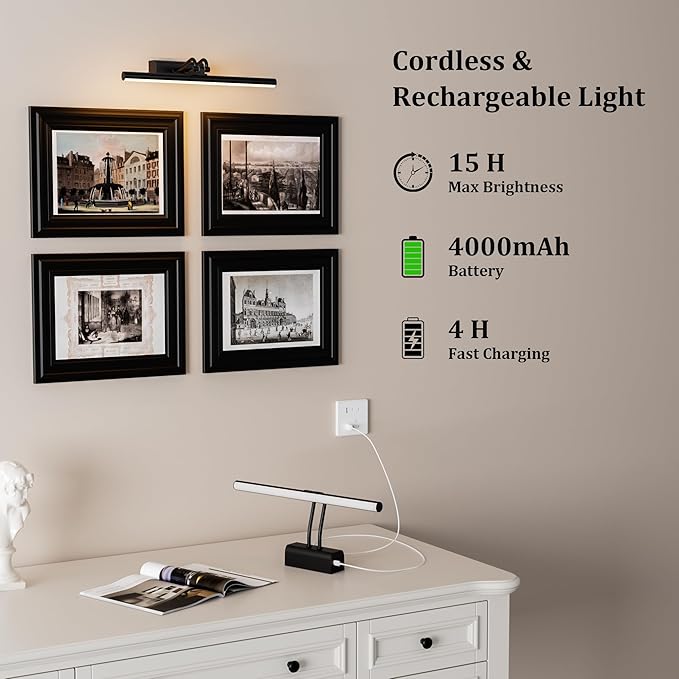 Battery Operated Wall Light, 13.8'', Set of 2, Black, Remote Control | 4000mAh Cordless, Wall Light, Magnetic for Easy to Charge,Timers, Display for Gallery Living Room Bedroom