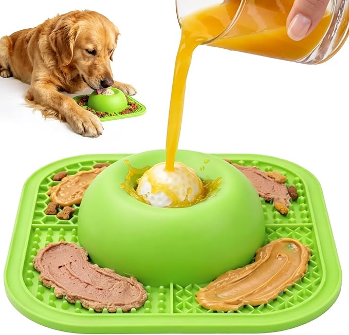 Slow Feeder Dog Bowls & Lick Mat for Liquid and Thick Treat, Anti-Slip Dog Lick Bowl with Interactive Rolling Ball, 5/6 Cup Pup Licking Toy for Large Medium Small Dogs and Cats Green
