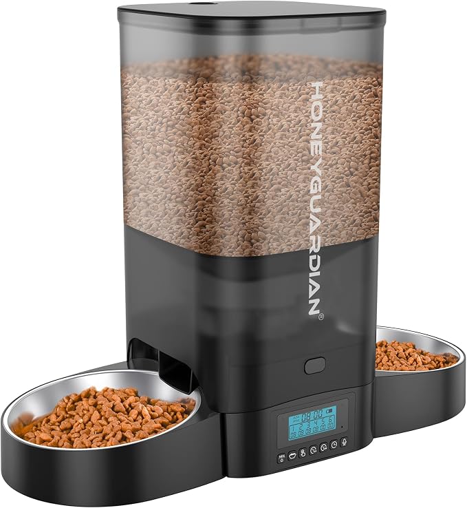 HoneyGuaridan 5L Automatic Cat Feeder for 2 Cats,Timed Dry Food Cat Feeder | Cat Food Dispenser with Stainless Steel Bowl, Prevent Fighting, Precise Portion, Blanced Dispense, Voice Recorder