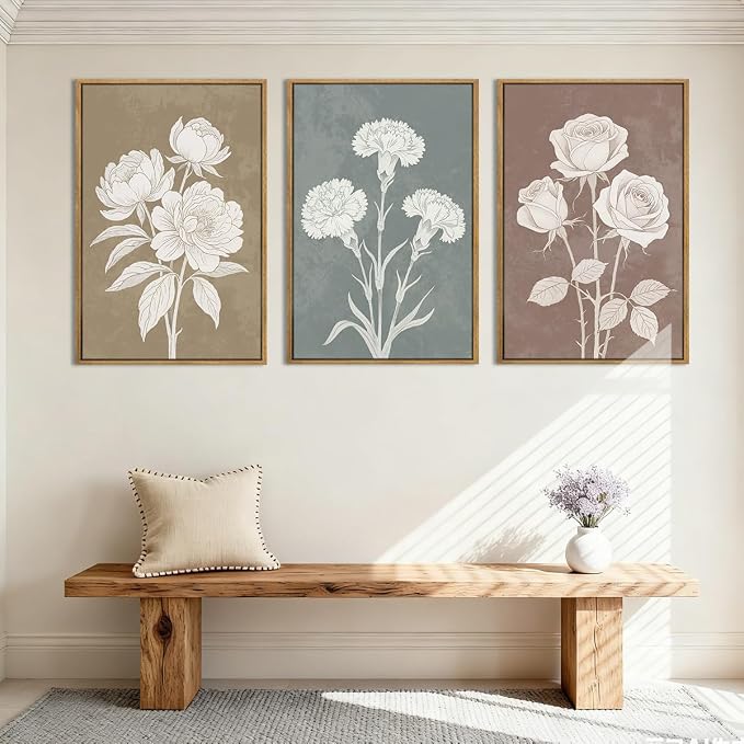 BINCUE Extra Large Neutral Botanical Wall Art Decor Floral Painting Flower Print for Living Room Bedroom Bathroom Dining Room 24x36 Inches 3 Piece