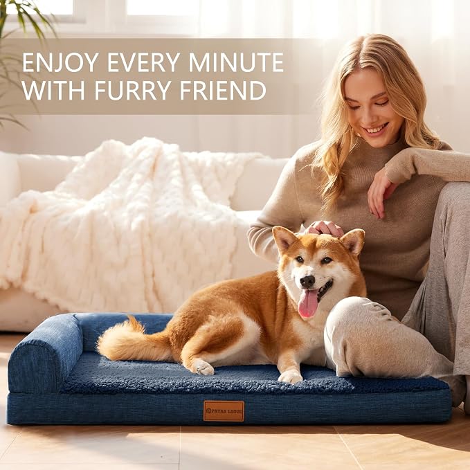 Patas Lague Orthopedic Large Dog Bed Washable Pet Sofa Bed 42X28 Navy Blue | 2-Sided Bolster Egg-Crate Foam Dog Couch Large Sized Dogs, Waterproof Removable Washable Cover, Nonskid Bottom Pet Crate Mat