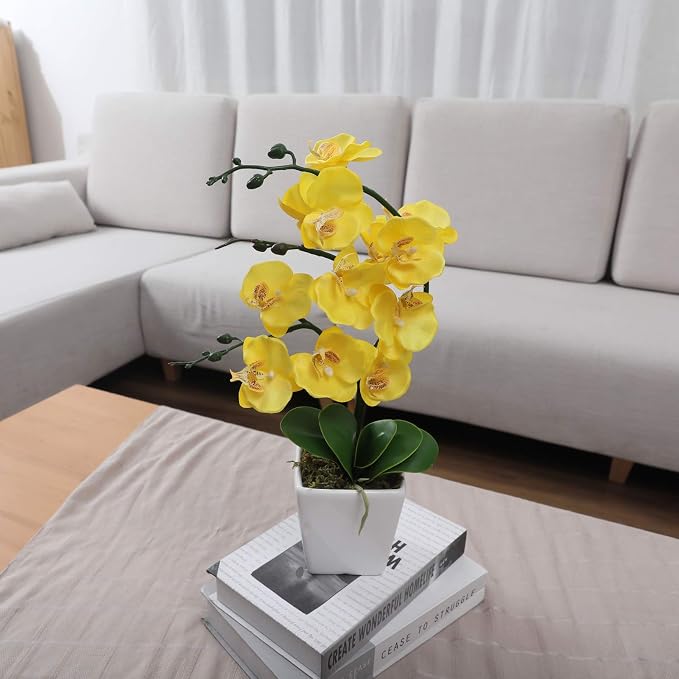 15" Silk Phalaenopsis Orchid in Square Pot, Yellow Flower Plant Arrangement | Lifelike Faux Potted Blooms with Moss in a Ceramic Planter. Looks Real, Zero Upkeep, Ideal Centerpiece for Any Table