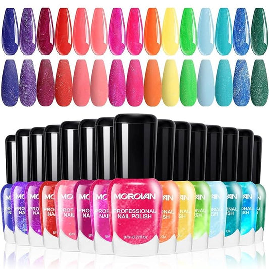Morovan Nail Polish Set Fingernail: Shimmer Glitter Air Dry 15 Bright Colors 0.27oz Neon Regular Nail Polish Kit Finger Nail Set Gift for Women Spring Summer