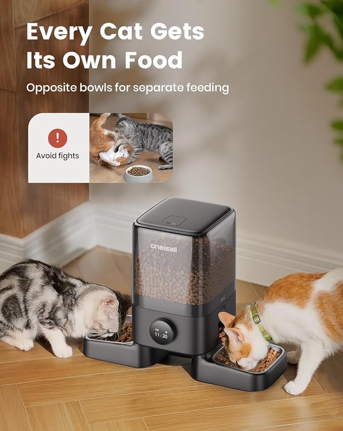 oneisall Automatic Cat Feeder for 2 Cats Pets, 20 Cups/5L | Prevent Fighting, Precise Portions, Balanced Dispensing, Large Kibble Support, Non-Slip & Stable, Stainless Steel Bowls