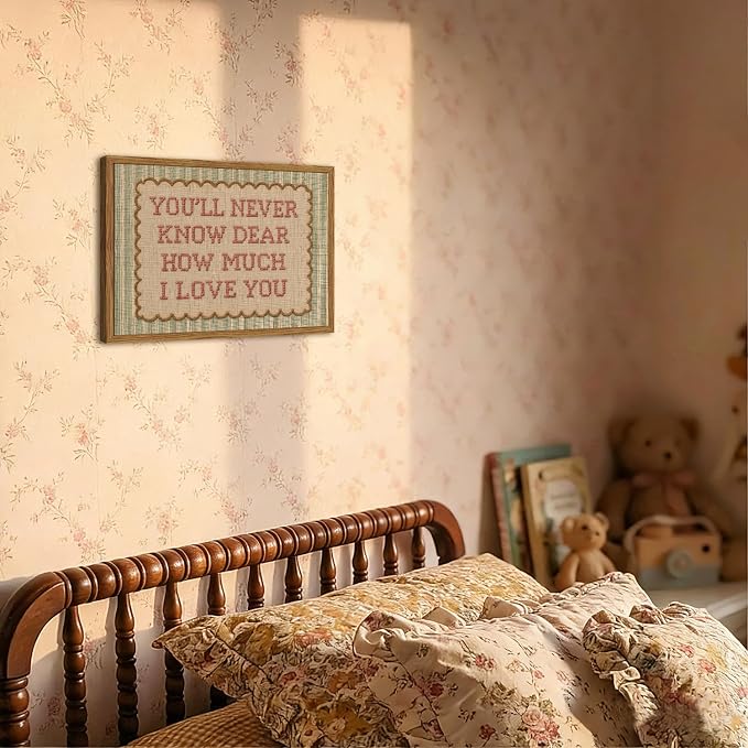 Framed You'll Never Know Dear How Much I Love You Wall Art, Vintage Nursery Pink Green Striped Pictures Wall Decor, Inspirational Quote Paintings Canvas Prints for Girl Bedroom Living Room 12x16 inch