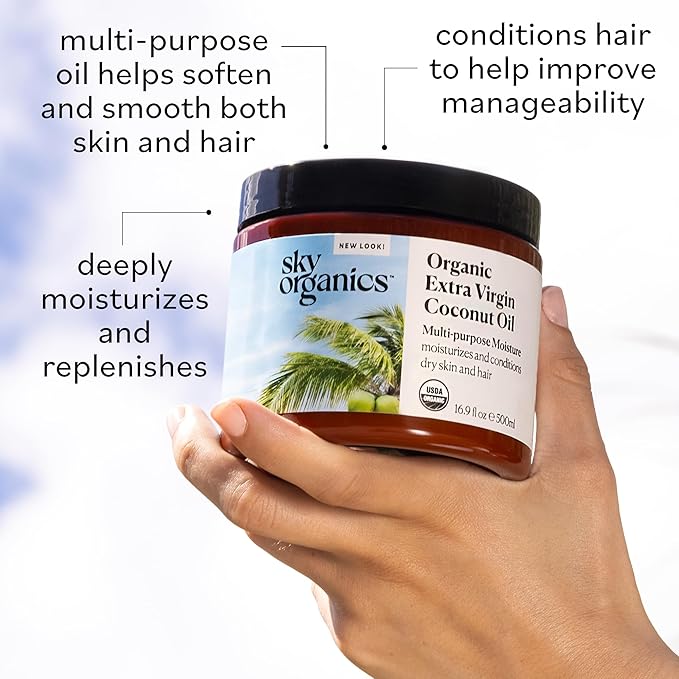 Sky Organics - Multipurpose Organic Coconut Oil for Skin & Hair, 16.9 fl oz - Extra Virgin Hair Oil & Body Moisturizer - Vitamins, Antioxidants & Fatty Acids - Vegan, Cruelty Free with ebook