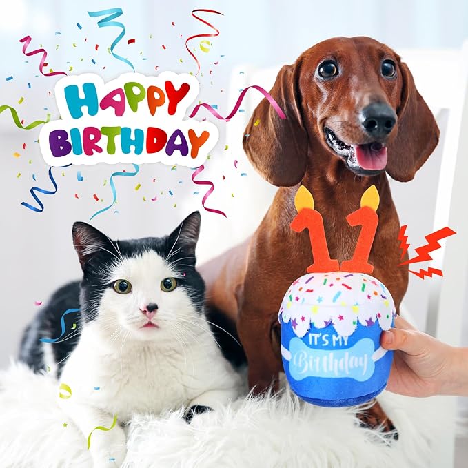 Dansydaisy Dog Birthday Cake Toy Squeaky Plush Gift,11th,Blue
