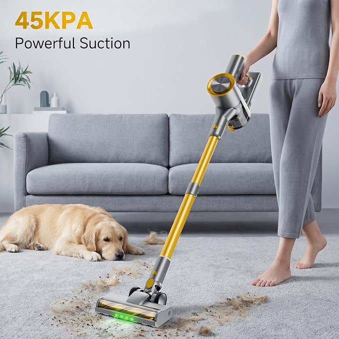 Cordless Stick Vacuum Cleaner - 45KPA Powerful Suction Vacuum with 45 Min Runtime, Detachable Battery, Anti-Tangle & 1.5L Dust Cup, 8 in 1 Vacuum Cleaner for Pet Hair, Carpet, HardFloor, Yellow