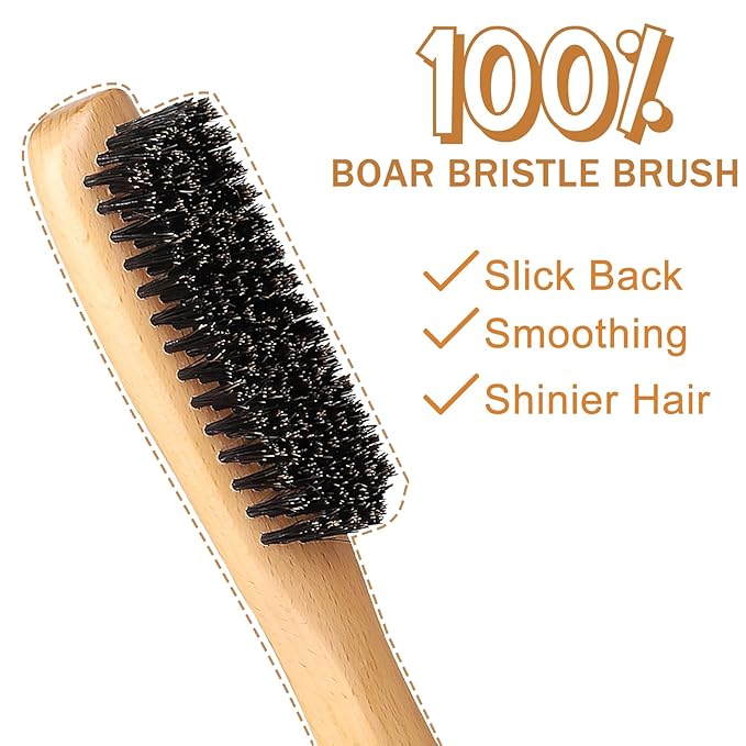 Slick Back Hair Brush & Hair Wax Stick Set for Slick Back – Boar Bristle Hair Brush for Sleek, Control, Flyaways & Baby Hairs – Slick Back Brush for Women, Dancer, Cheer