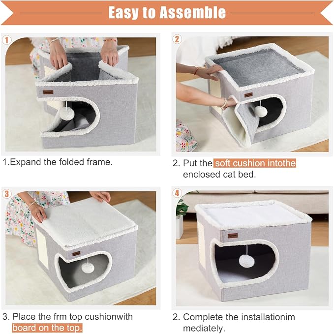 Garnpet Cat Bed for Indoor Cats Cube House, Covered Cat Cave Beds & Furniture with Scratch Pad and Hideaway Tent, Cute Modern Cat Condo for Multi Small Pet Large Kitten Kitty, Large, Green