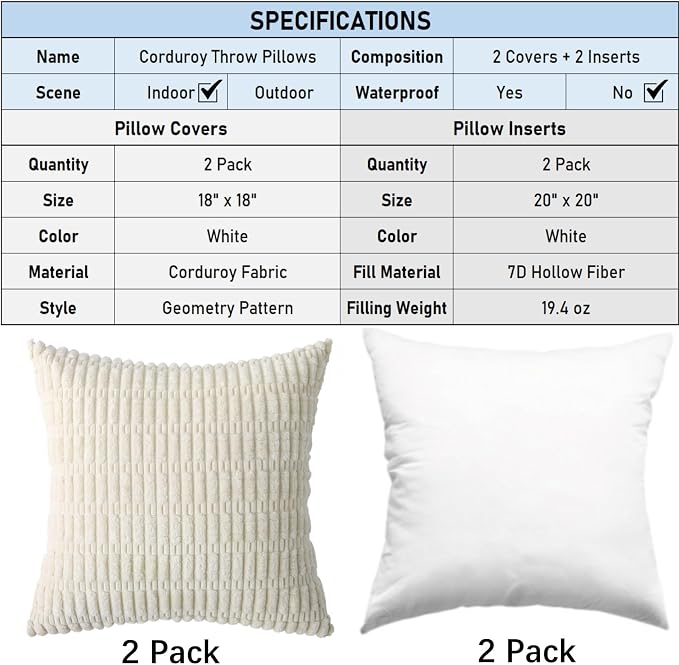 2 Pack Corduroy Decorative Throw Pillow with Inserts, 18x18 Inch Soft Boho Throw Pillow, Square Striped Throw Pillows for Couch, Bed, Sofa Decor (White)