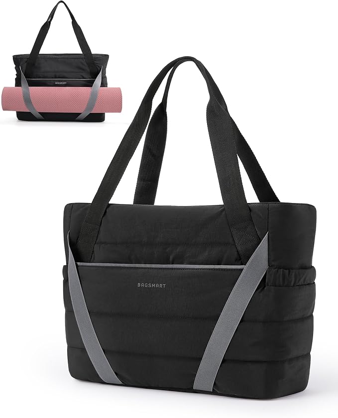 BAGSMART Tote Bag for Women with Zipper and Yoga Mat Straps Quilted Gym Tote for Travel, Work, Sport