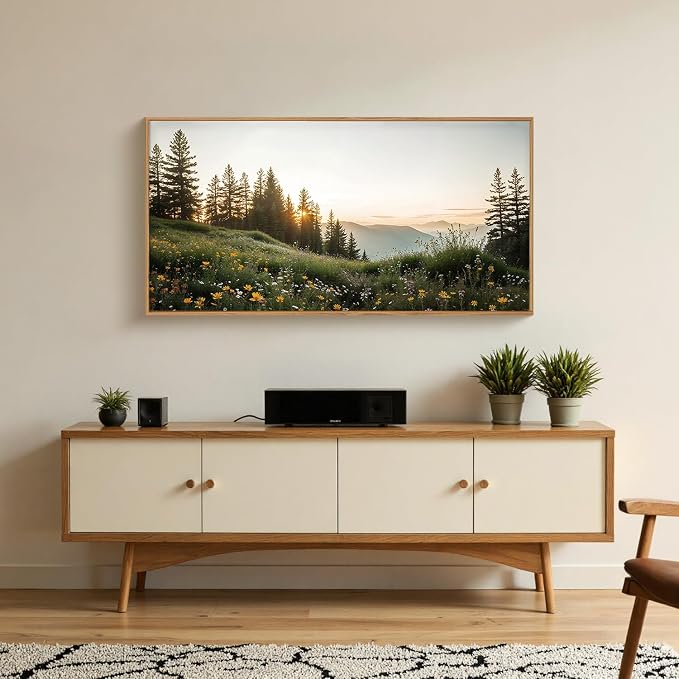 FWIEXA Green Forest Mountain Framed Canvas Wall Art Set, Wildflower Meadow Wall Decor, Floral Pictures Artwork, Nature Sunset Landscape Art Prints for Living Room, Bedroom, Office - Size 20"x40"