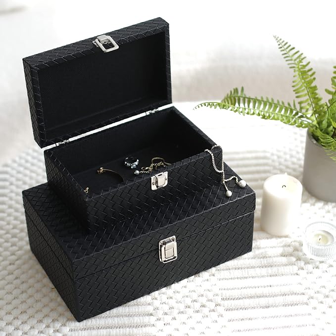 Faux Leather Decorative Jewelry Storage Organizer Boxes Set of 2, Black | Modern Black Box for Vanity, Entryway & Coffee Table Décor