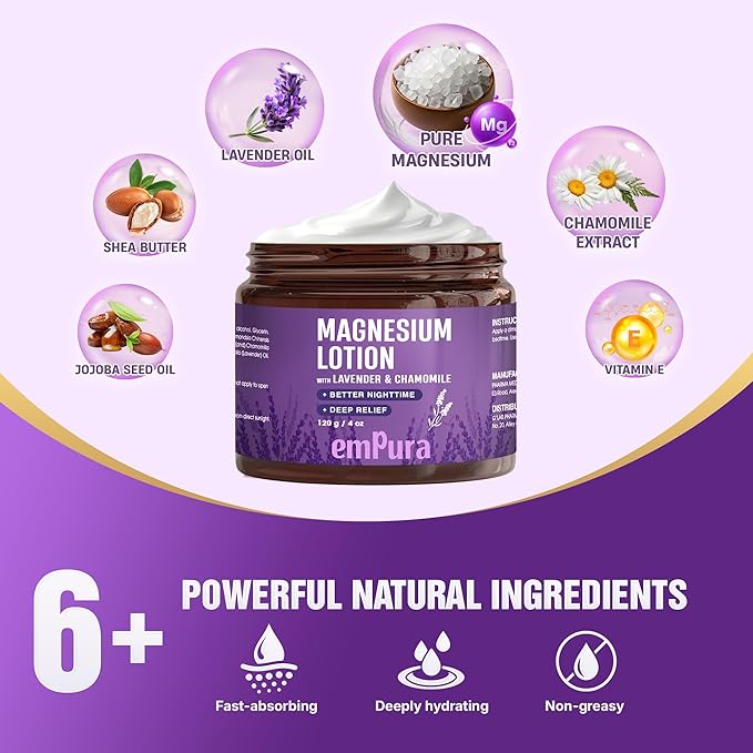 EMPURA Magnesium Lotion with Lavender & Chamomile – Fast Absorbing Magnesium Cream for Relaxation & Muscle Relief, Hand Leg or Foot Lotion, Self Care Gifts for Women, Mothers Day Gifts for Mom (4oz)