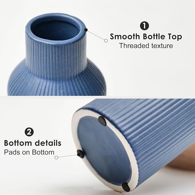 Bohemian Blue Ceramic Vase - for Pampas Grass, Mantel, Bookshelf, Entryway and Living Room Decor (Blue, 8in)