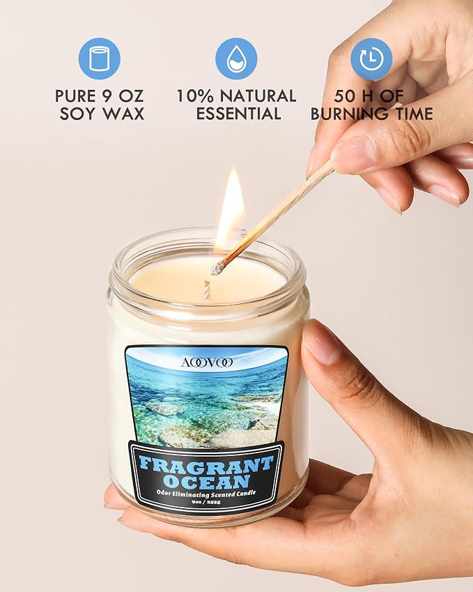 AOOVOO Ocean 2 Pack Odor Eliminating Candle - Up to 100 Hours Burn time, Eliminates 95% of Pet, Smoke, Food, and Other Smells Quickly, 18 oz Non Toxic Highly Fragranced Air Freshing Soy Candle