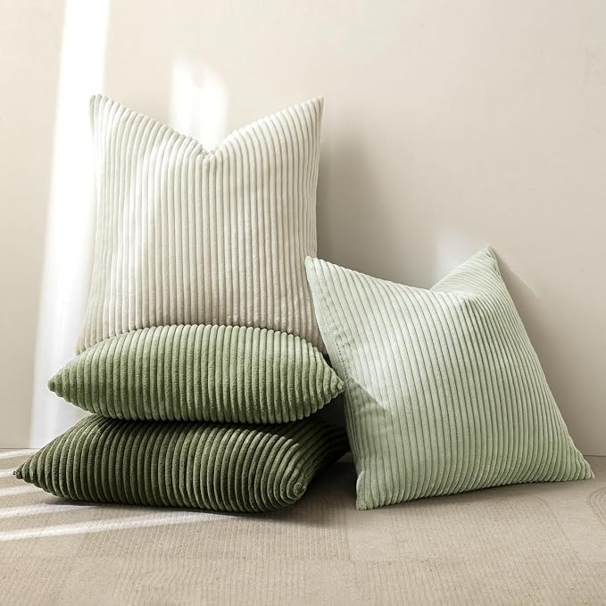 MIULEE Soft Corduroy Decorative Throw Pillow Covers Light Green 24x24 | Set of 4, Mordern Nordic Decor, Light Green Gradient Matching, Boho Farmhouse Cushion Covers for Couch Bed Sofa Living Room